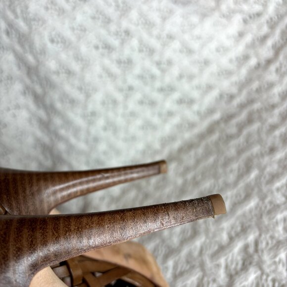 Tory Burch Nadia Huarache Sandals Women's 9 M Tan Leather Open Toe Heels‎ Logo - Picture 10 of 11